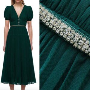 NWT Self Portrait Chiffon Pleated belted Midi Dress Deep Green Size UK 4 US 0
